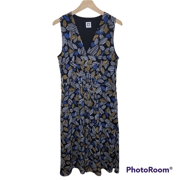 Anne Klein | Black Blue White Yellow Leaf Print Midi Dress - Picture 1 of 4